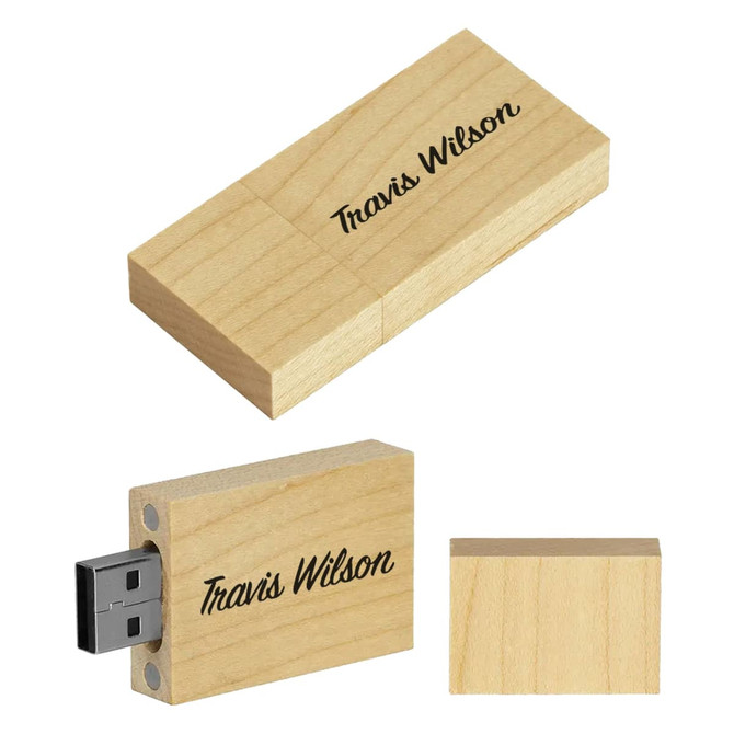 A bamboo USB flash drive in natural wood colour, featuring a branding logo on the surface.