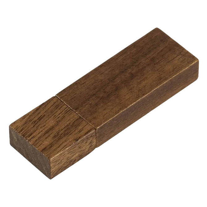 A wooden USB flash drive in a rectangular shape, featuring a brown finish and a logo on one side.