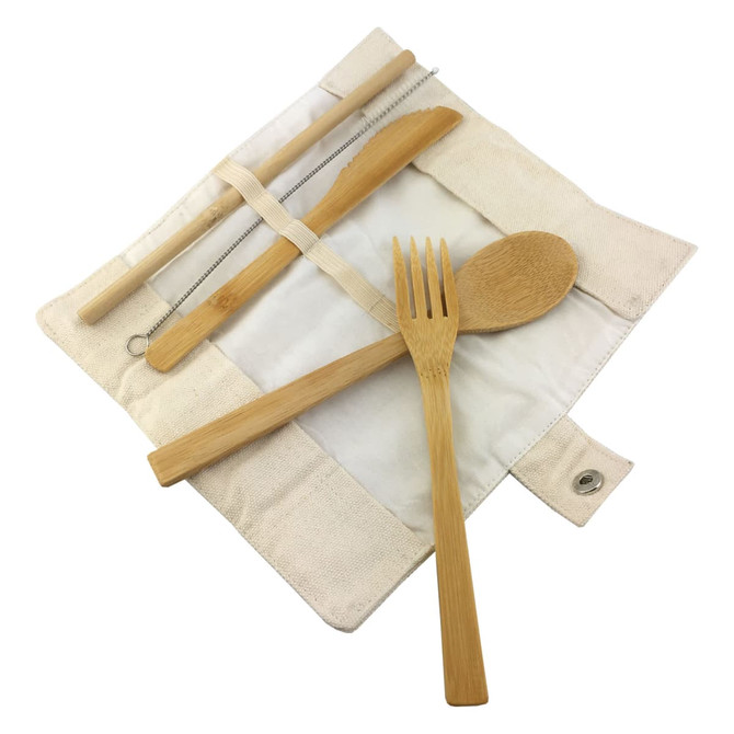 A bamboo utensils set featuring a fork, spoon, knife, and straw, all in a natural colour, housed in a fabric pouch.