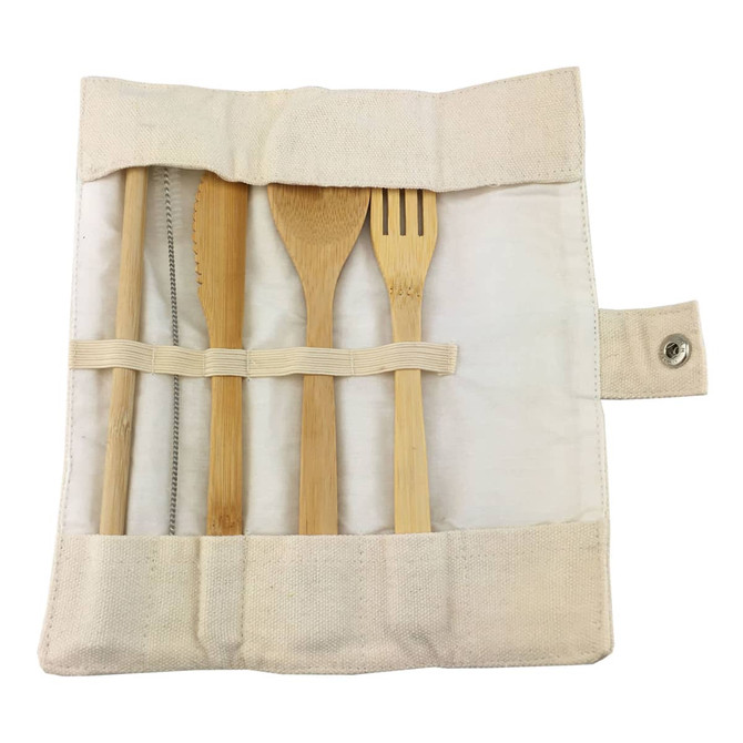 A bamboo utensils set in a natural fabric case, featuring a knife, fork, and spoon. Includes a logo on the case.