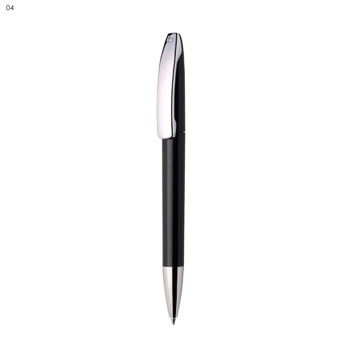 A black plastic pen with a shiny silver clip and tip. The pen has a sleek, modern design and features a logo.