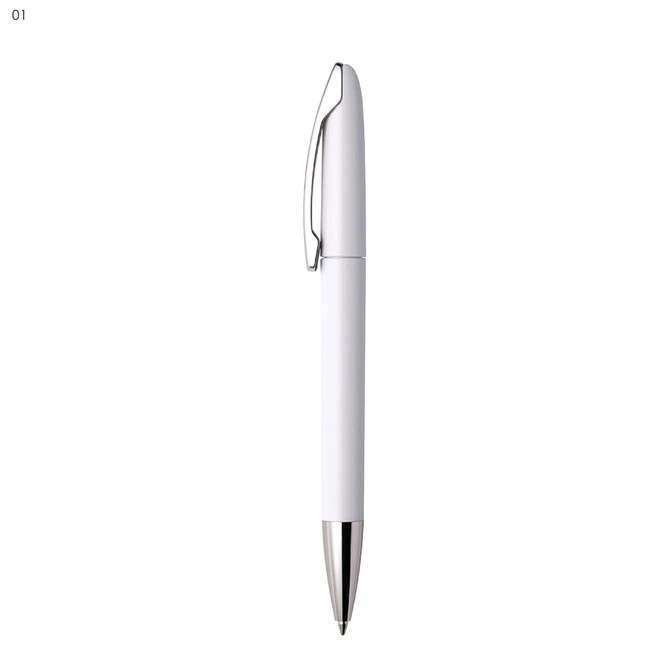 A white plastic pen with a silver clip and tip, featuring a simple, sleek design.
