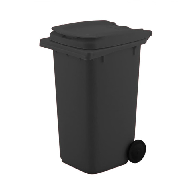 A grey wheelie bin pen holder with a lid and a wheel, designed for office use. It features a simple, modern design.
