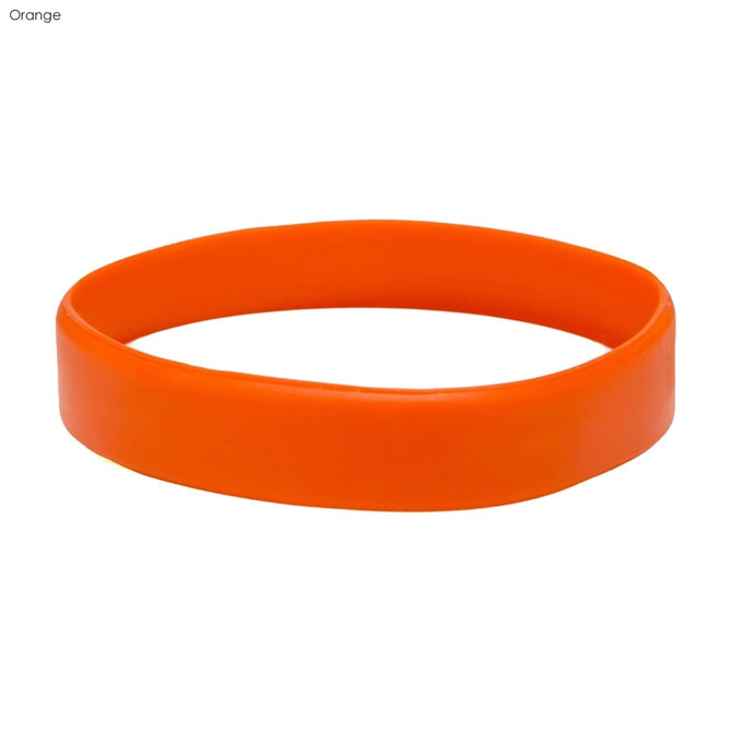 An orange silicone wristband with a smooth, embossed finish and a circular design.
