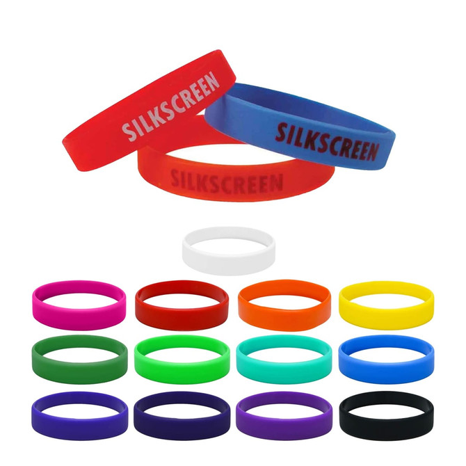 A selection of silicone wristbands in red, blue, white, orange, yellow, green, purple, and black, featuring various designs.