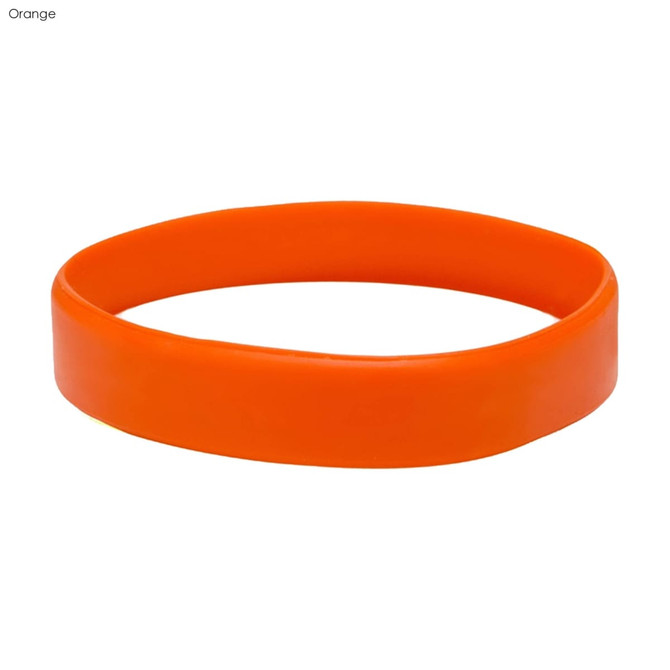 An orange silicone wristband with a smooth surface and a circular shape. It features a logo.