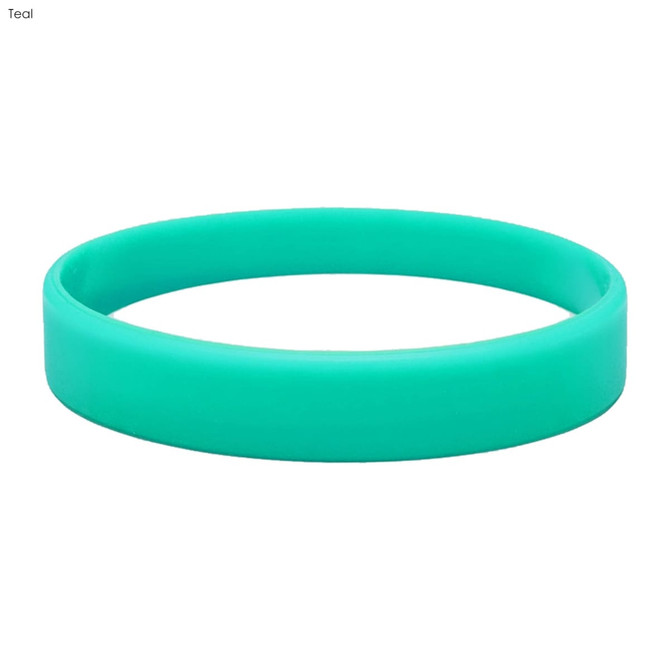 A teal silicone wristband with a smooth surface and round design. It features a logo.