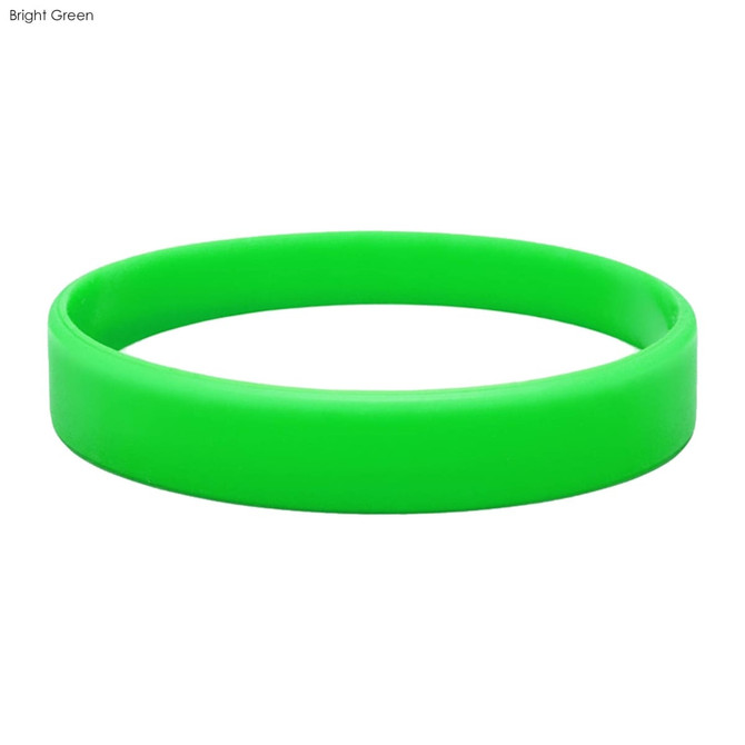 A bright green silicone wristband with a smooth, embossed finish. It features a logo.
