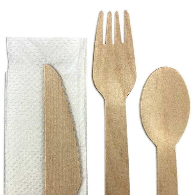 A wooden cutlery set featuring a knife, fork, and spoon, alongside a white napkin.