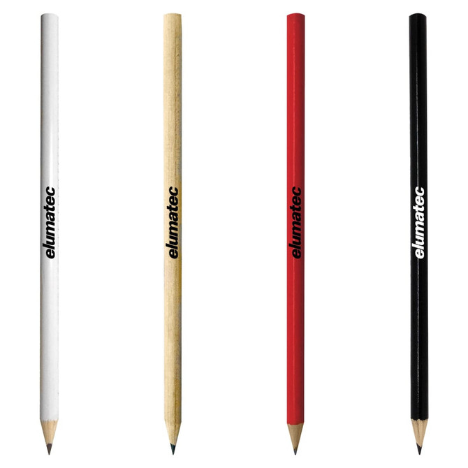 A set of four wood pencils in white, natural wood, red, and black, each featuring a logo.