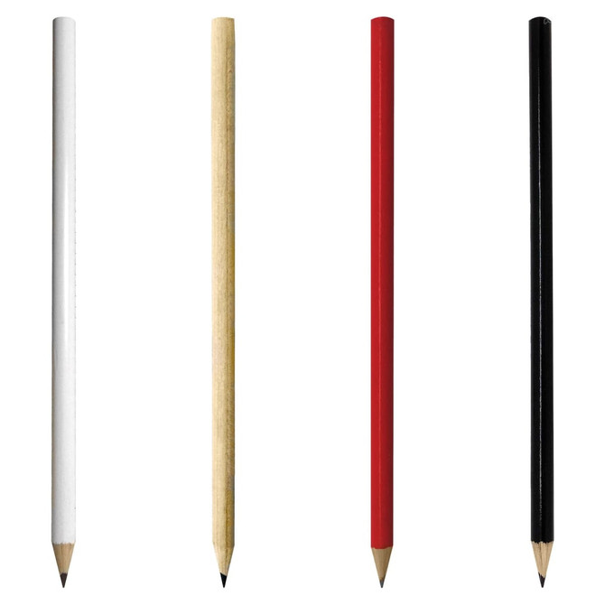 A set of four wooden pencils in white, natural wood, red, and black, each with a sharpened tip.