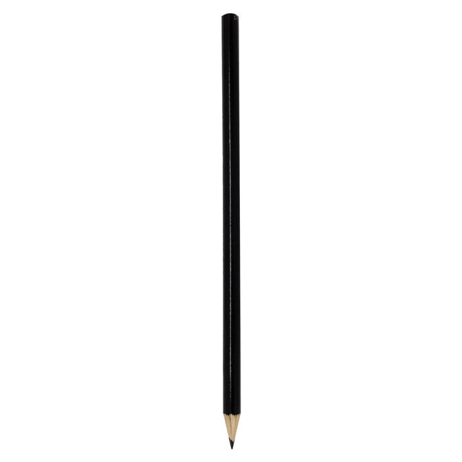 A black wood pencil with a sharpened point at one end and a natural wood finish at the other end.