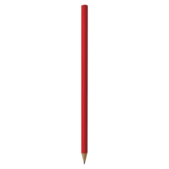 A red wood pencil featuring a sharpened tip and a wooden body, with a logo on the side.