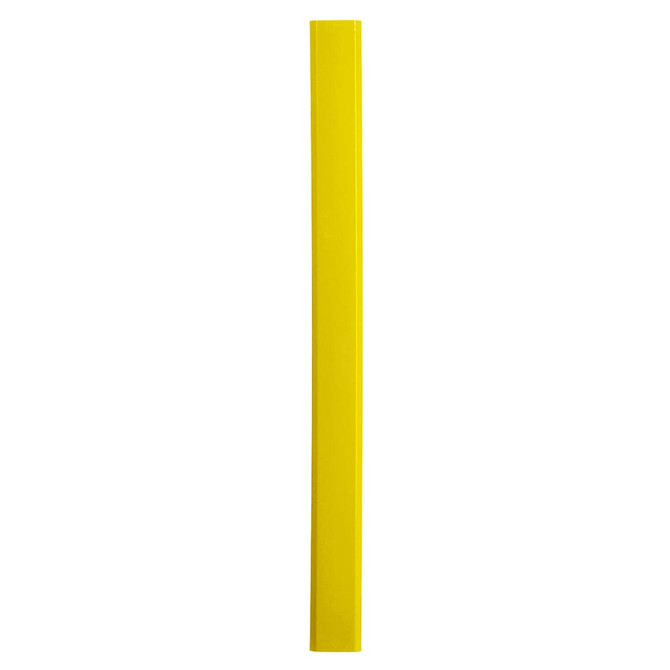 A yellow carpenter pencil with a rectangular shape and a smooth finish. It has a logo on its surface.