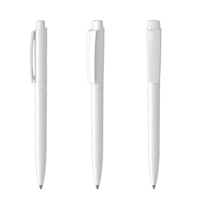 A set of three white plastic pens with different angles and a clip, featuring a branding logo.