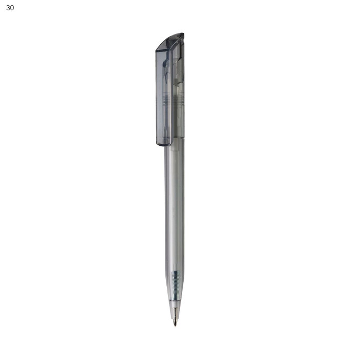 A plastic pen in transparent grey with a clear cap, featuring a logo on the barrel.