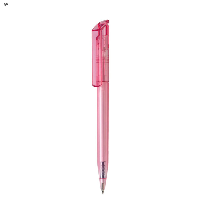 A pink plastic pen with a transparent cap and a sleek design, featuring a logo on the barrel.