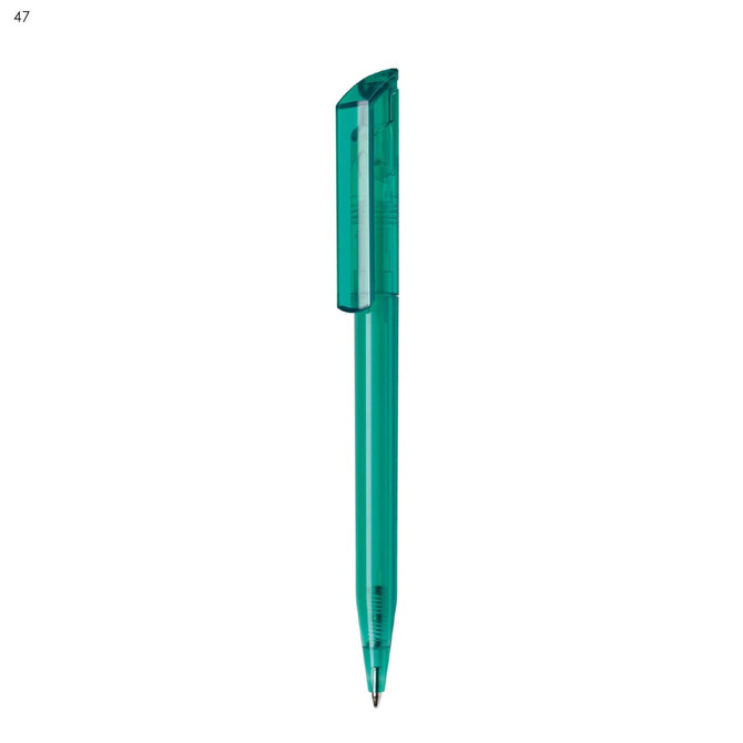 A plastic pen in a vibrant teal colour, featuring a transparent cap and barrel. It includes a branding logo.