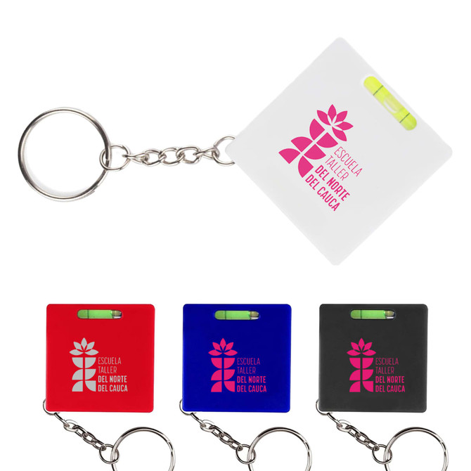 A set of Leveller Tape Measures in white, red, blue, and black, each attached to a keyring with a small level bubble.
