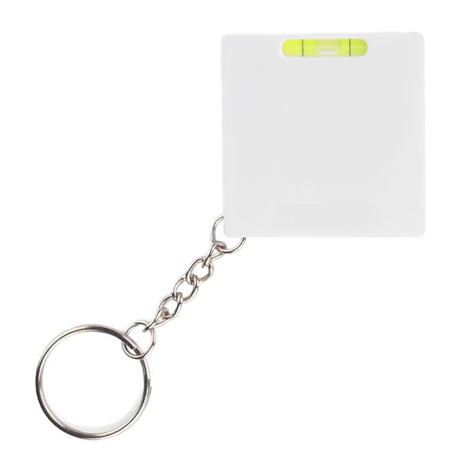 A white tape measure with a keyring and a small level attached to it.