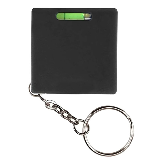 A black Leveller Tape Measure on a keyring, featuring a small level for precise measurements.