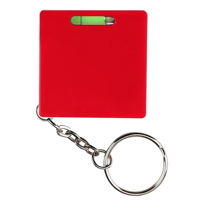 A red leveller tape measure attached to a keyring, featuring a small spirit level.