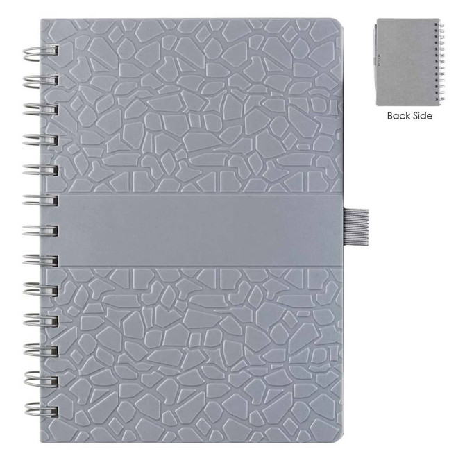 A grey La Trobe Stone Paper Notebook featuring an embossed pattern and a matching elastic band. Includes a view of the back side.