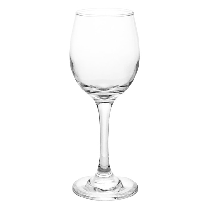 A clear glass wine glass with a tall stem and a round base, featuring a simple, elegant design.