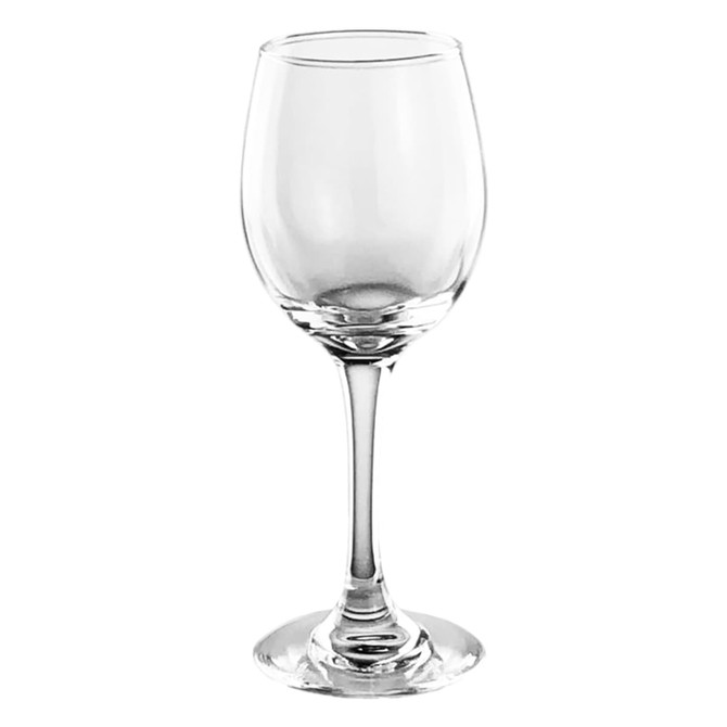 A clear glass wine glass with a slim stem, designed for serving 200ml of wine.