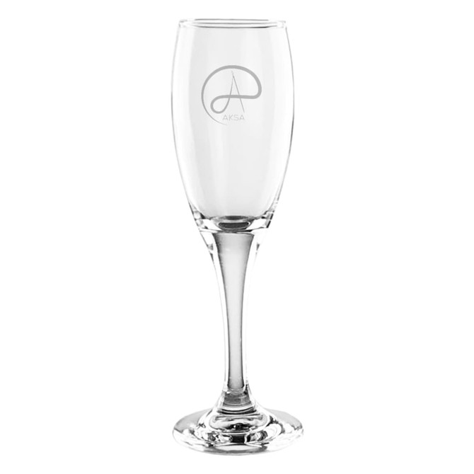 A clear glass champagne flute with a slender stem and a logo on the surface. Holds 170ml.