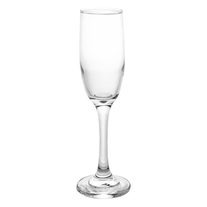 A clear glass champagne flute with a tall stem and a wide base, designed for serving sparkling beverages.