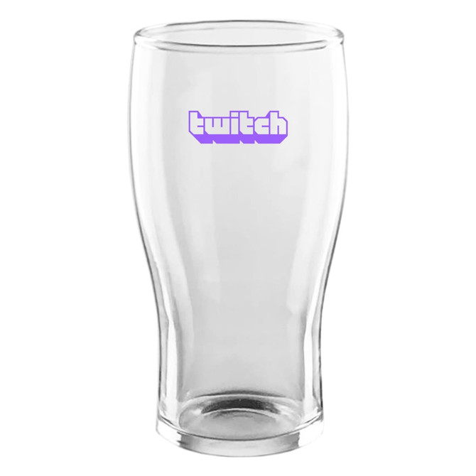A clear glass beer glass with a curved shape and a purple logo printed on the front.