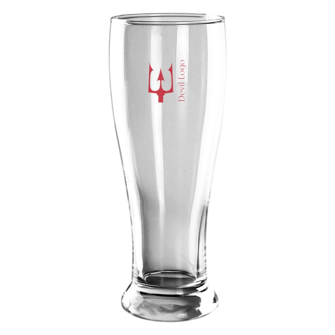 A clear glass beer glass, featuring a red logo, with a tall, tapered design and a sturdy base.