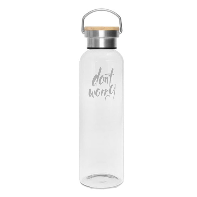 A drink bottle featuring a transparent glass body, wooden lid, and stainless steel handle. It has a motivational message.