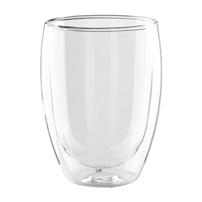 A double wall glass, 340ml capacity, featuring a clear design with a sleek and modern shape. Contains a logo.