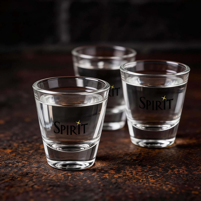 Three clear glass shot glasses with water, featuring a logo on the front.