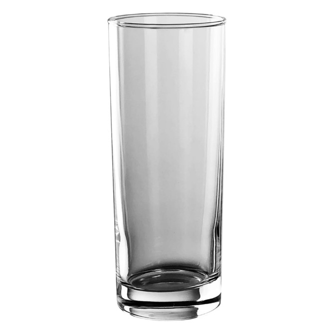 A clear, tall glass tumbler with a sleek design, perfect for various beverages. It features a minimalist style.