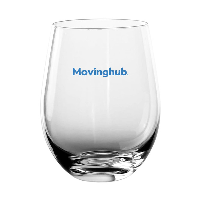 A glass wine cup in clear glass with a rounded shape, featuring a logo in blue.