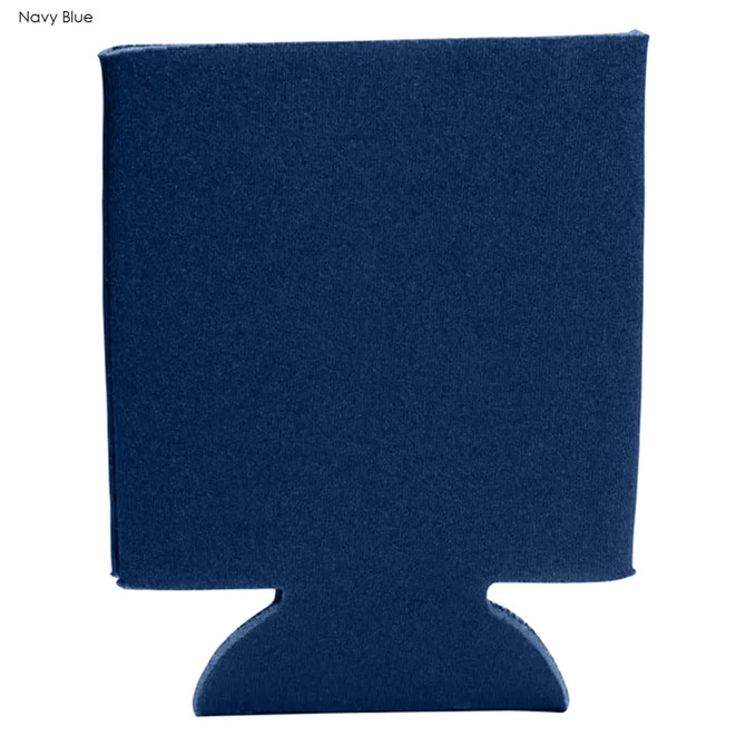 A drink bottle holder in navy blue made of foam, featuring a logo on the surface.