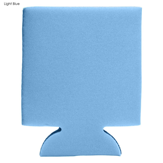 A light blue foam stubby cooler with a logo. Designed to fit standard drink bottles.