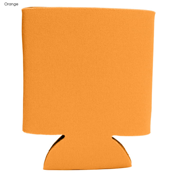 An orange foam stubby cooler with a cut-out base and a logo. Ideal for keeping drinks cool.