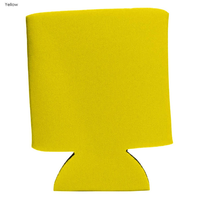 A drink bottle stubby cooler in bright yellow, featuring a logo, designed to fit standard drink bottles.