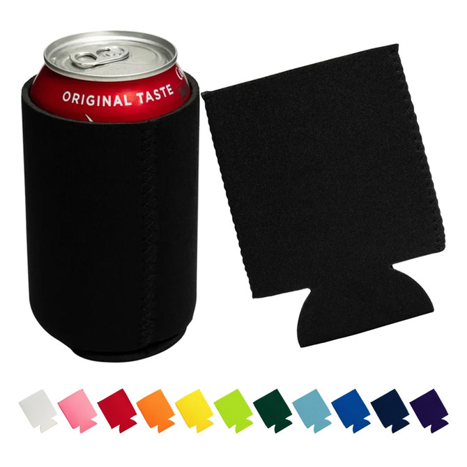 A black neoprene stubby holder with a matching flat piece beside it, designed to fit standard drink cans.