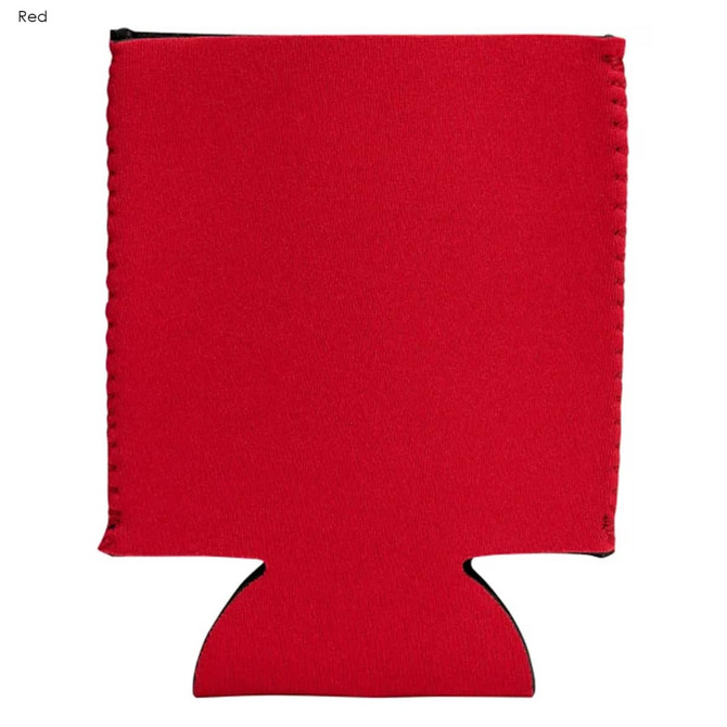 A red neoprene stubby cooler with black stitching. Features an integrated base and includes a logo.