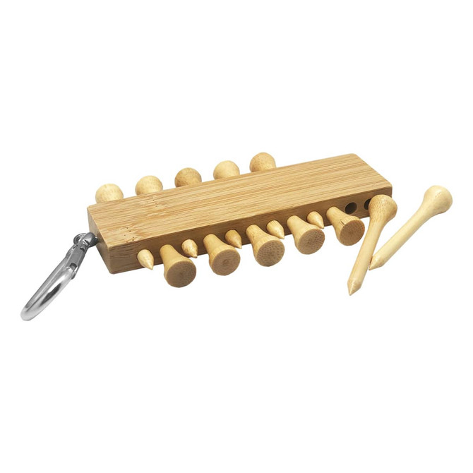 A bamboo golf tee set featuring multiple wooden tees and a clip for easy carrying.