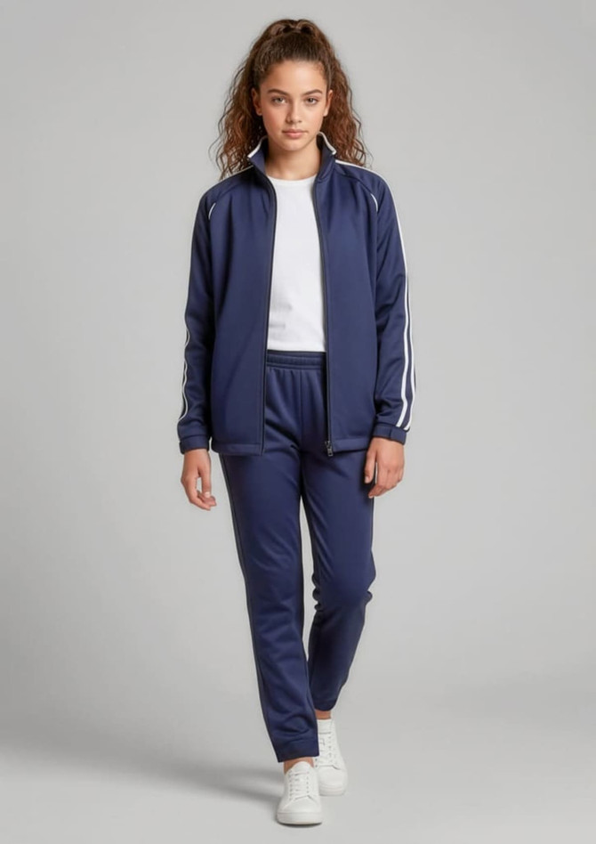 A navy blue track jacket featuring white stripes, paired with matching navy pants and a white top. The model is wearing white shoes.