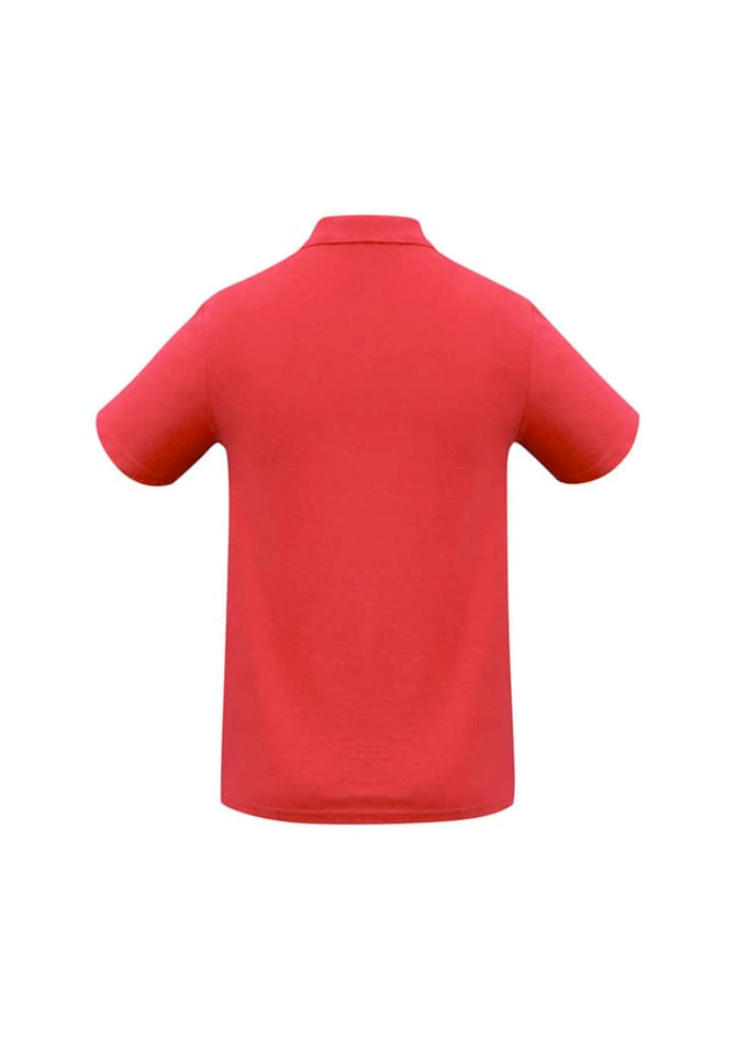 A red polo shirt featuring a collar and short sleeves, with a logo on the left side.