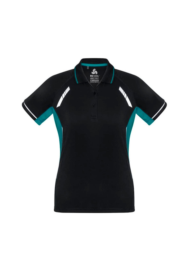 A black and teal women's short sleeve polo shirt featuring a logo and contrast detailing.