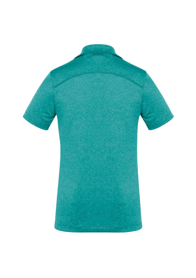 A teal women's short sleeve polo shirt featuring a classic collar and a logo. The back view showcases its sleek design.