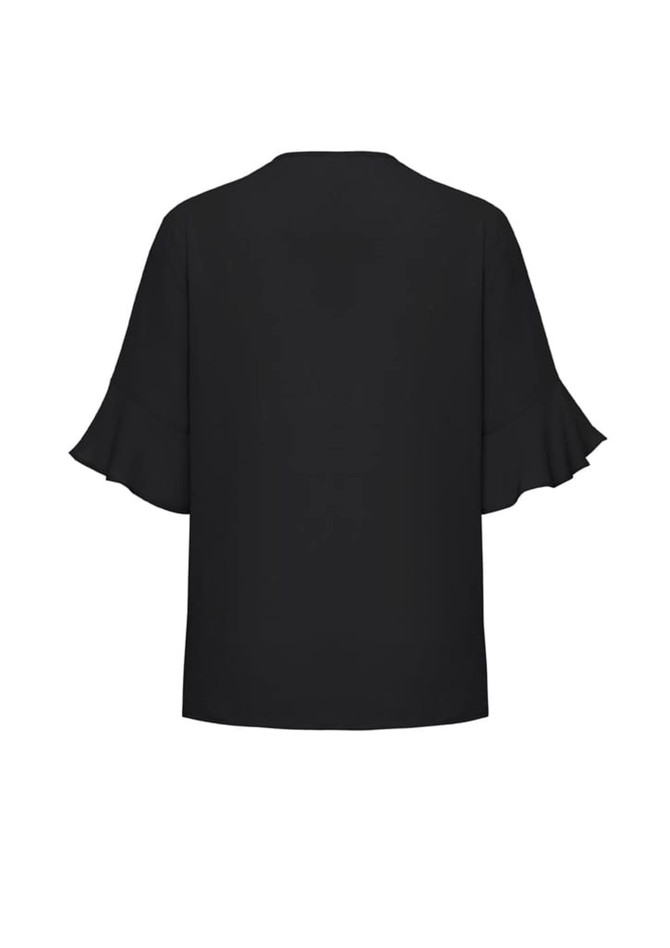 A black women's blouse featuring fluted sleeves, designed for a stylish, relaxed fit. Includes a logo on the back.